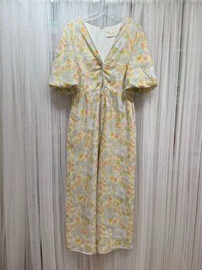 SANCIA Women's Lg Floral Linen Jumpsuit Wide Leg Puff Sleeve Twist Front Cutout